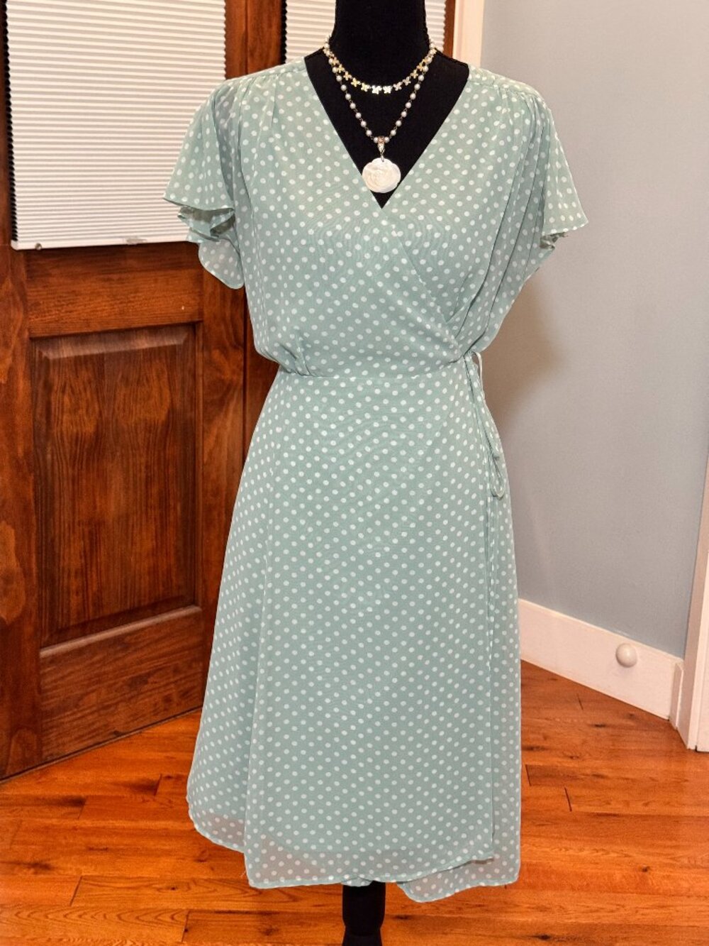 Eva Mendes New York & Company Sage Green Polka Dot Wrap Dress Medium